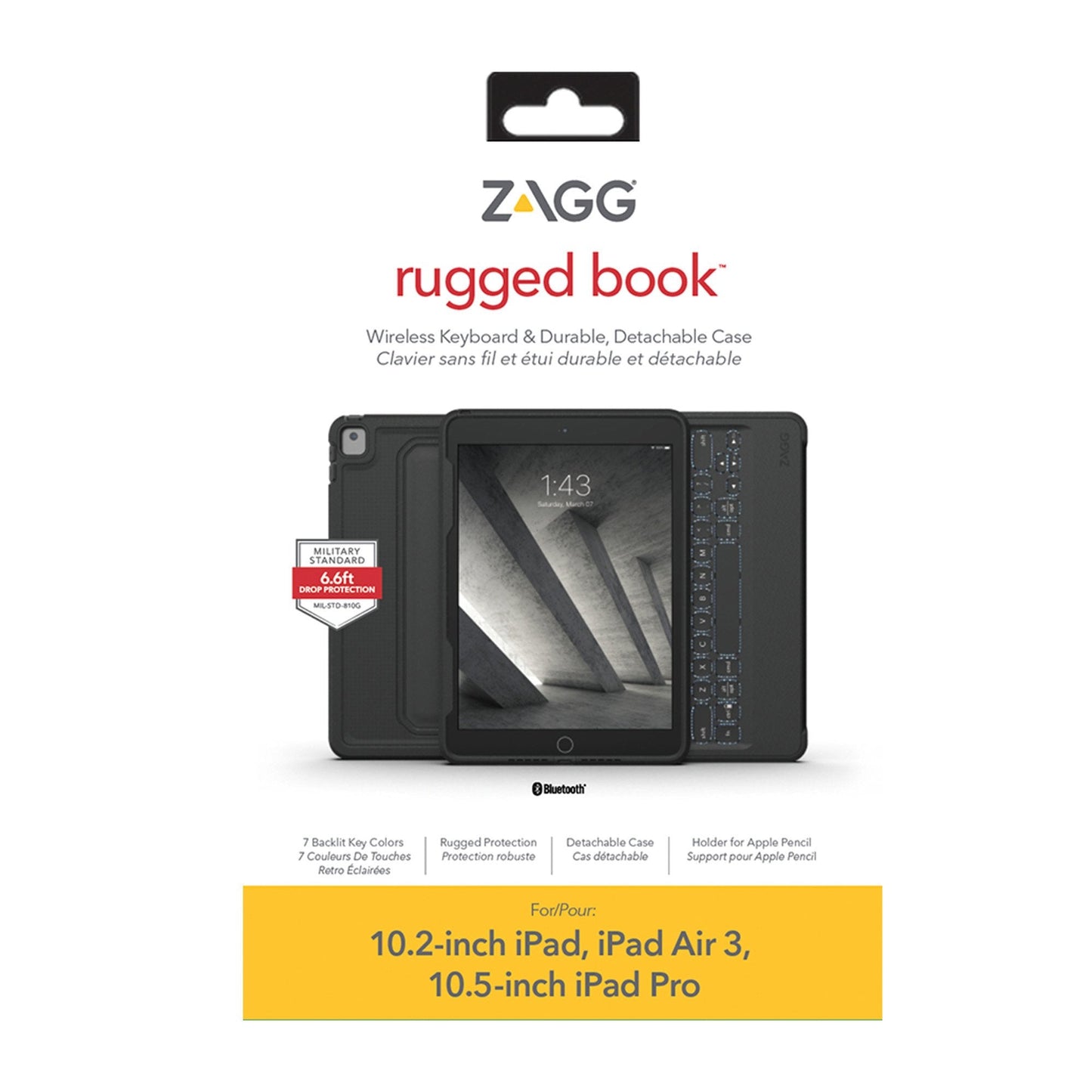 iPad 10.2 2019-2021 7th-9th Gen/Air 3/Pro 10.5 ZAGG Black Rugged Book BT Keyboard Case