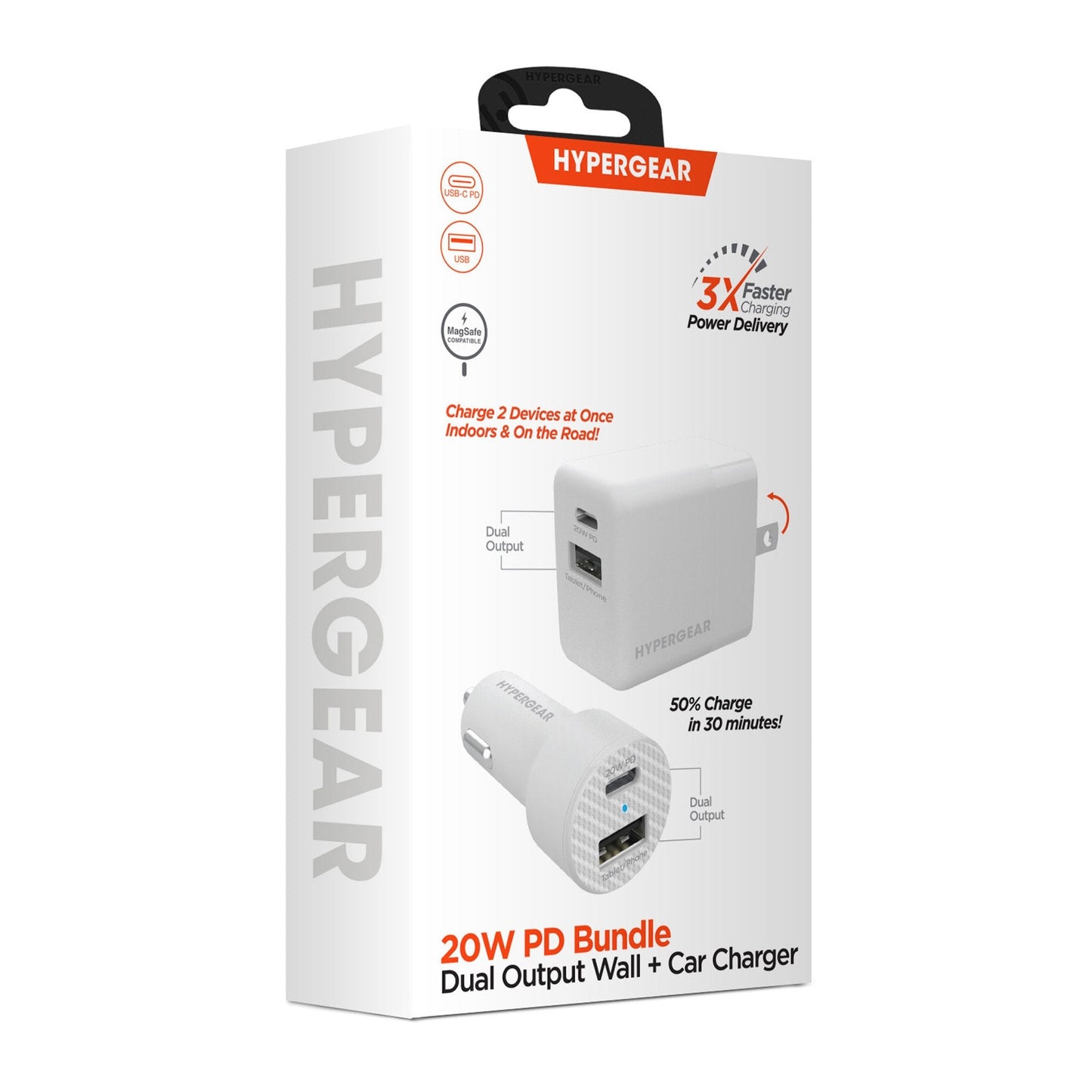 HyperGear 20W White Dual Port USB-A + USB-C CLA + Wall Charger Bundle Pack