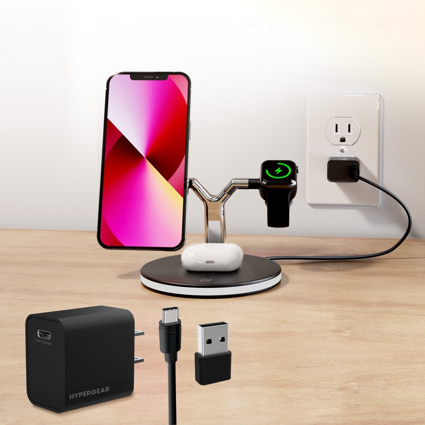 HyperGear 26W MaxCharge 3-in-1 Wireless Charging Stand Compatible with MagSafe - Black