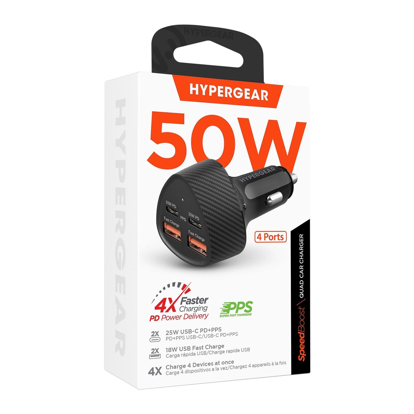 HyperGear SpeedBoost 50W Dual USB-C + Dual USB-A CLA Fast Charge Car Charger - Black