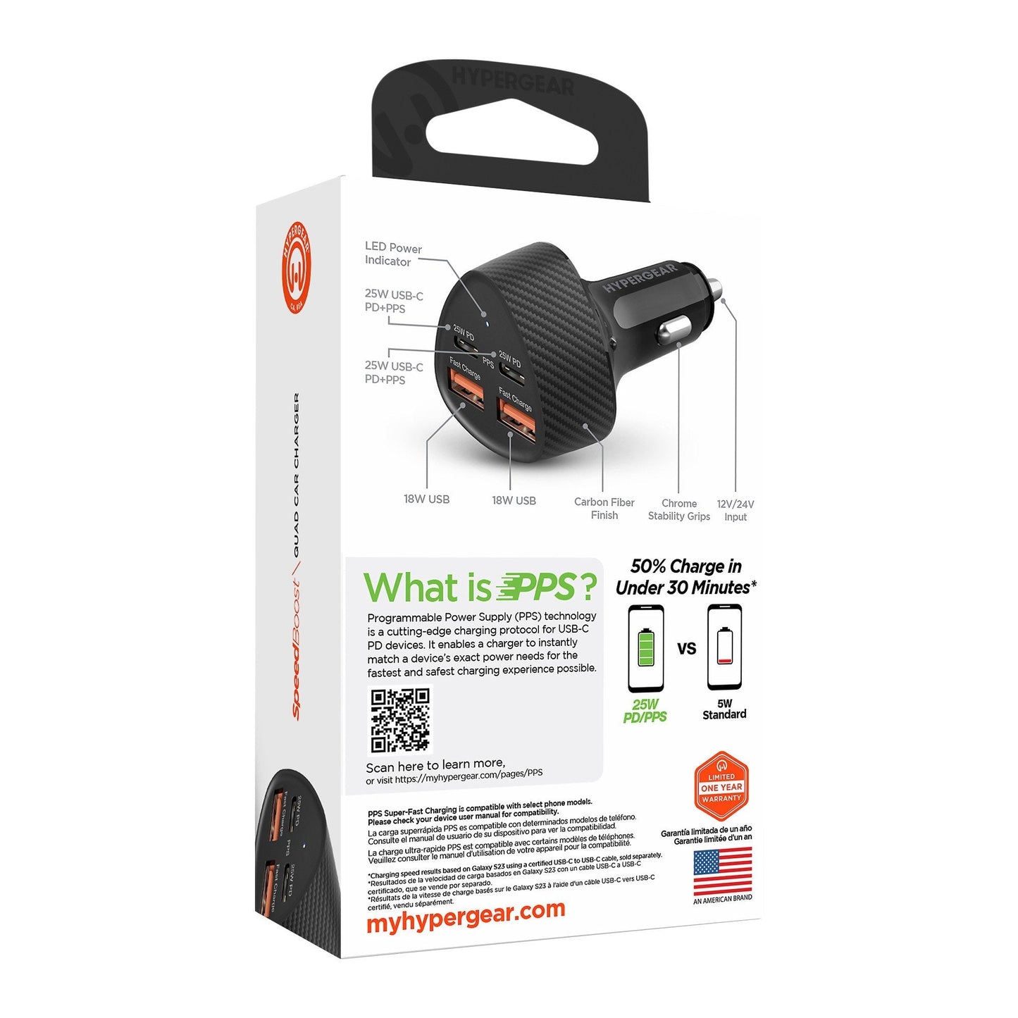 HyperGear SpeedBoost 50W Dual USB-C + Dual USB-A CLA Fast Charge Car Charger - Black