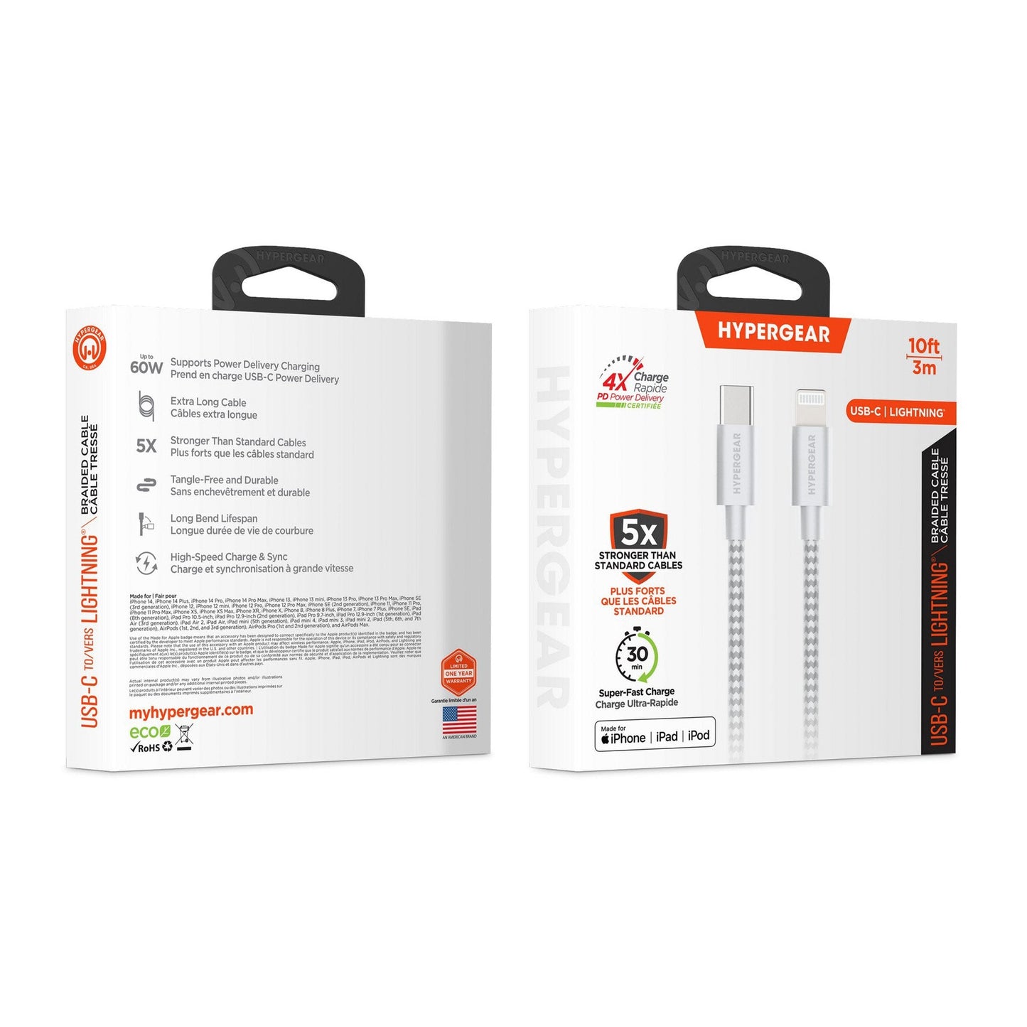HyperGear 10 ft. 300cm USB-C to Lightning Braided Charge and Sync Cable - White