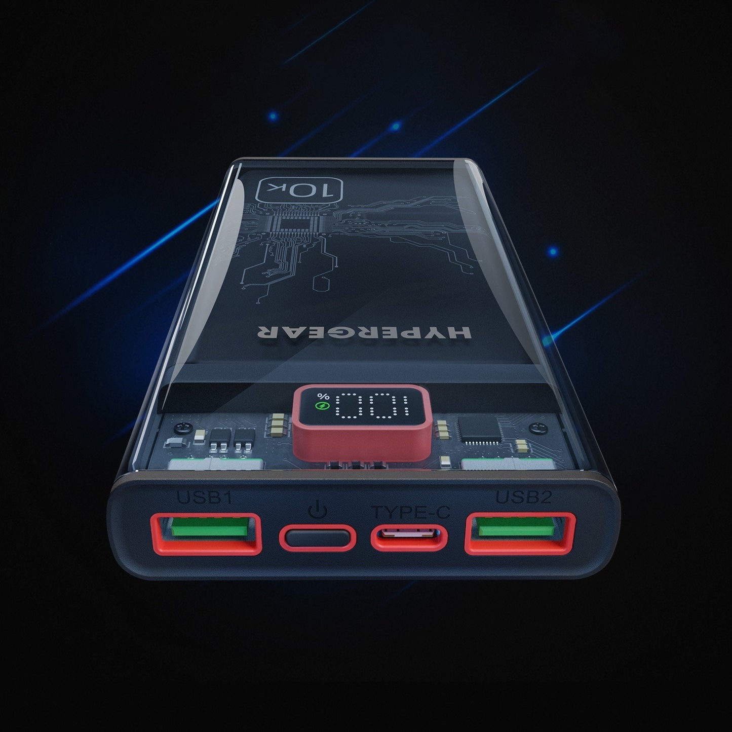 HyperGear 10000mAh Transparent 20W Single Port USB-C + 18W Dual Port USB-A Portable Power Bank