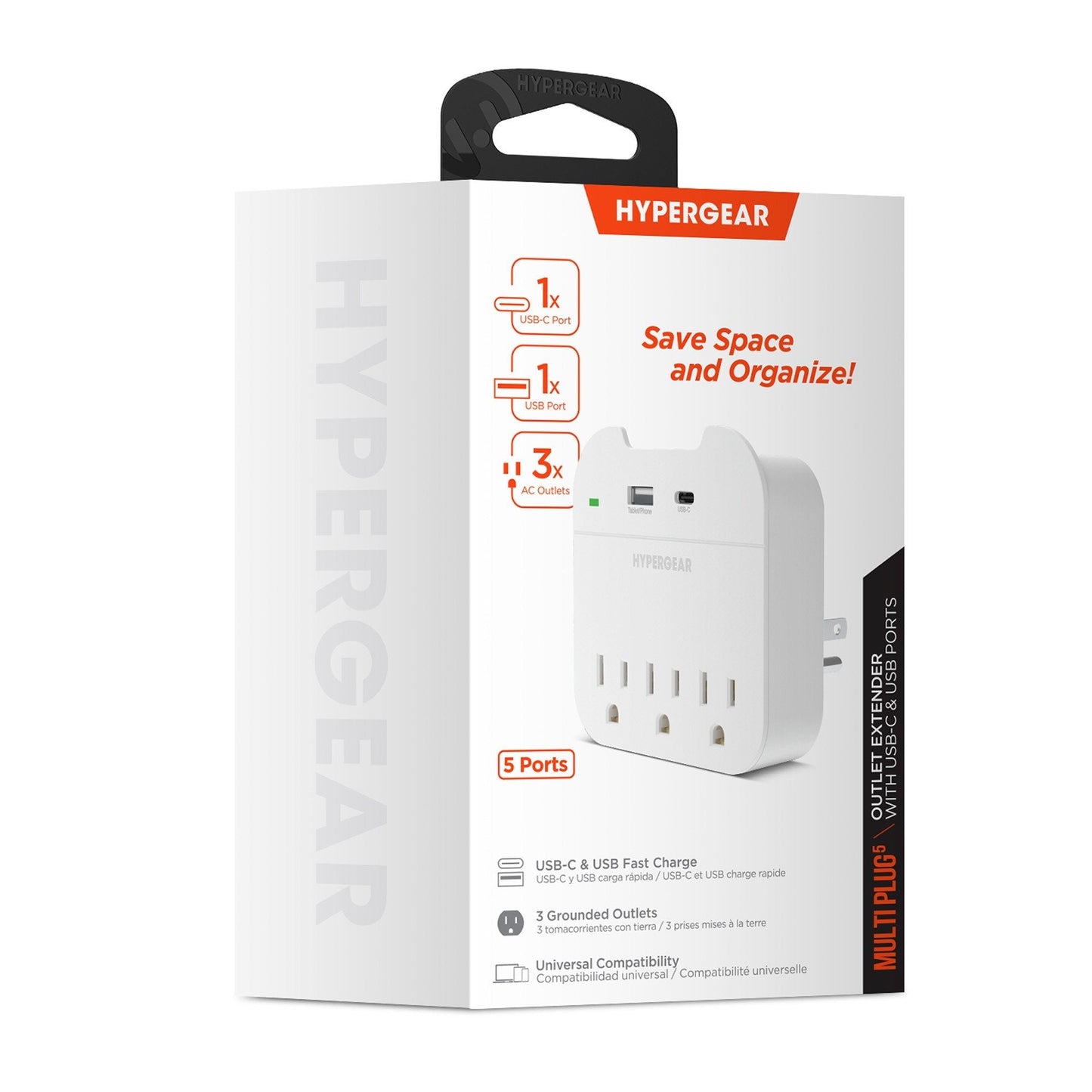 HyperGear Multi Plug 5 Outlet Extender with USB-C + USB Ports - White
