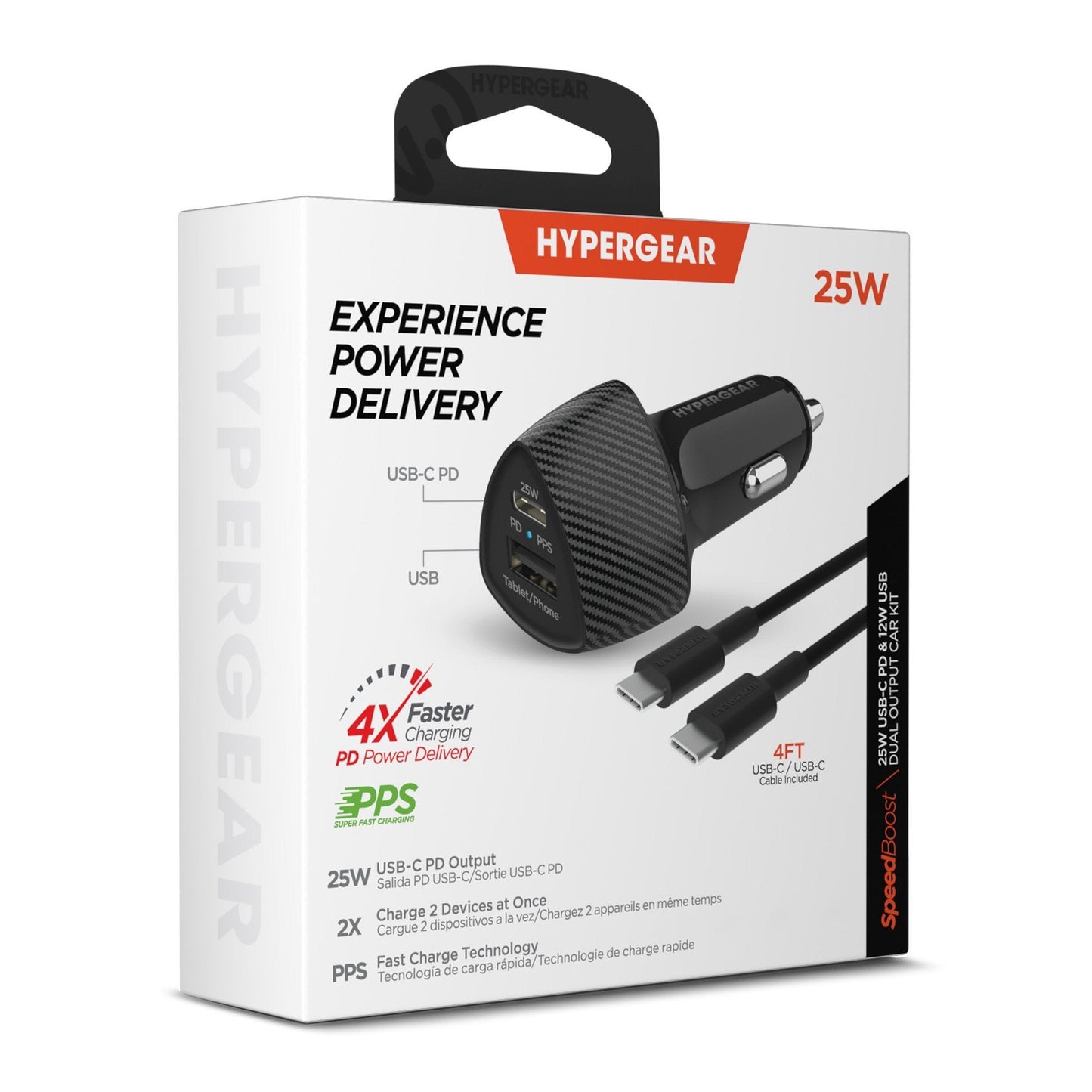 HyperGear SpeedBoost 25W USB-C PD + 12W USB Fast CLA Car Charger w/ PPS 4ft USB-C Cable - Black