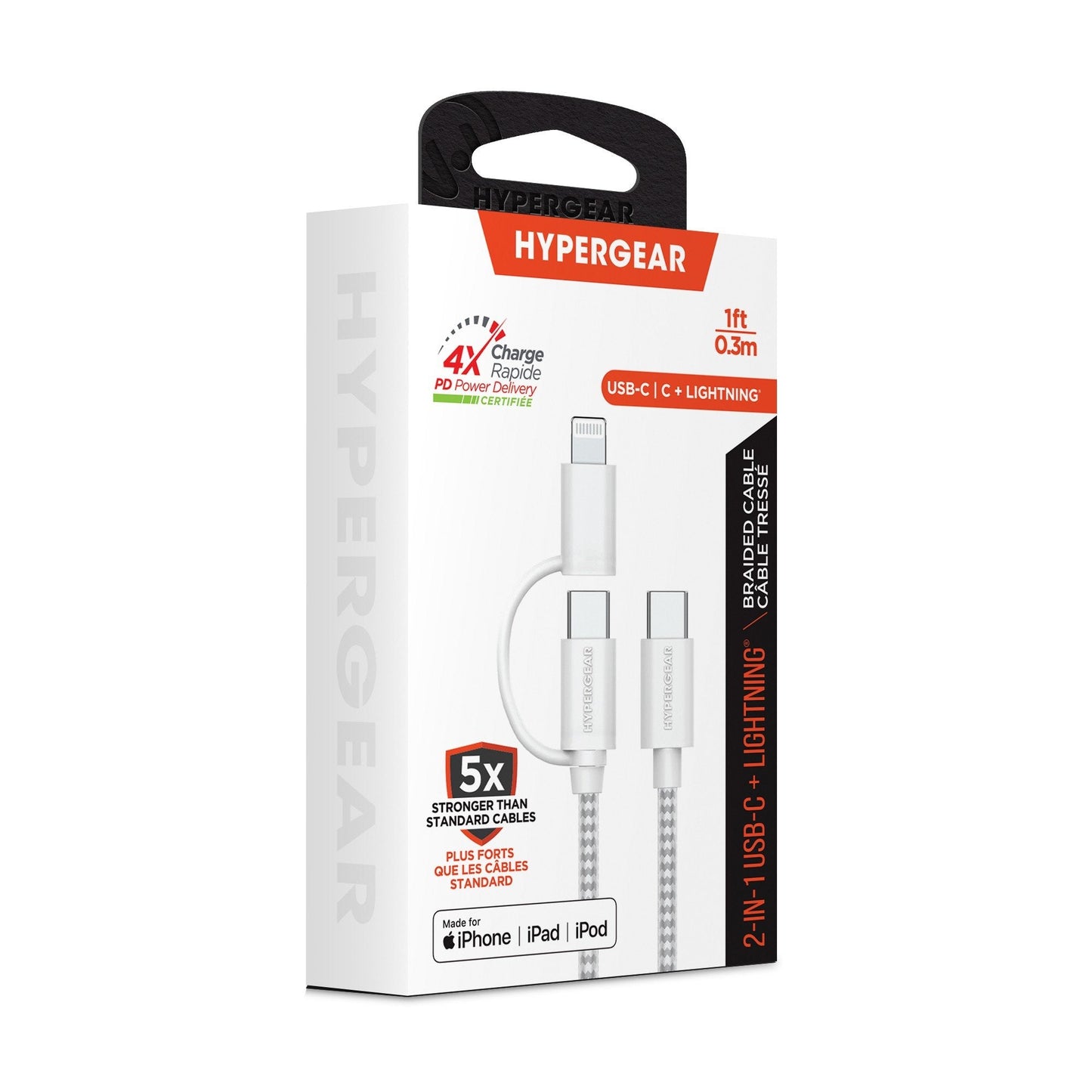 HyperGear 1 ft. 30cm 2-in-1 USB-C to USB-C + USB-C to Lightning Braided Charge and Sync Cable