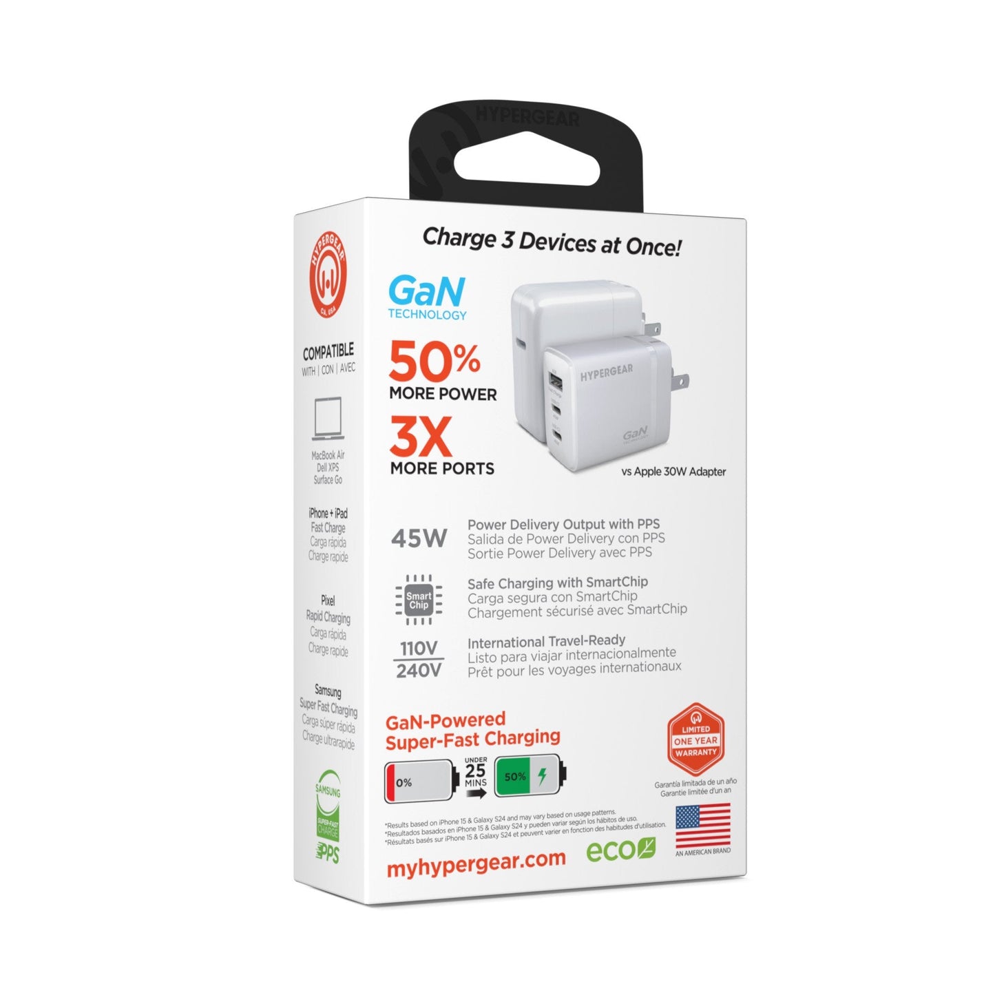 HyperGear 45W Multi Port Dual USB-C + Single USB-A Wall Charger Travel Hub - White