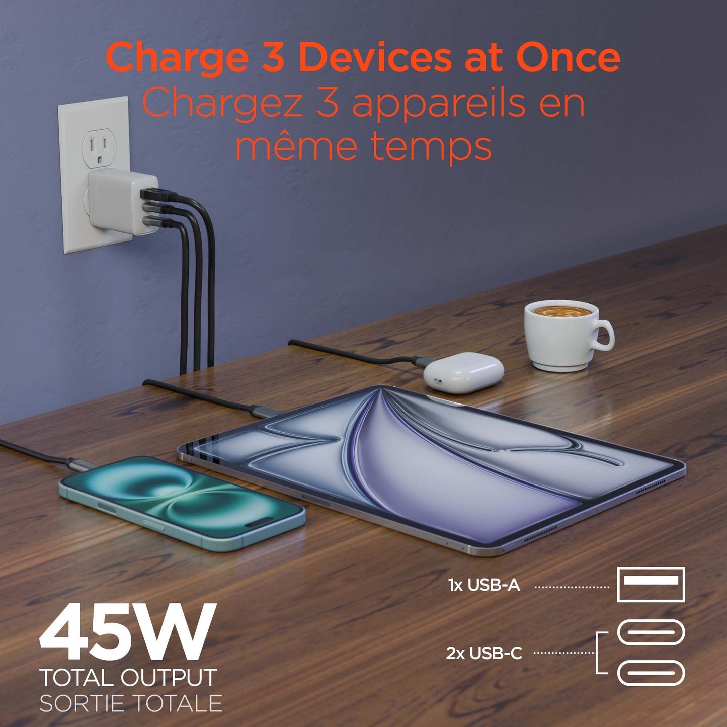 HyperGear 45W Multi Port Dual USB-C + Single USB-A Wall Charger Travel Hub - White