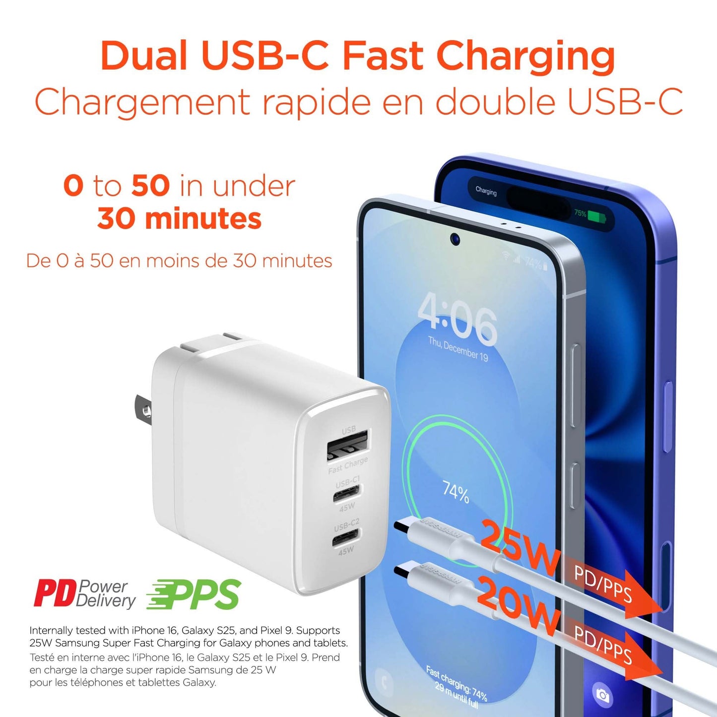 HyperGear 45W Multi Port Dual USB-C + Single USB-A Wall Charger Travel Hub - White