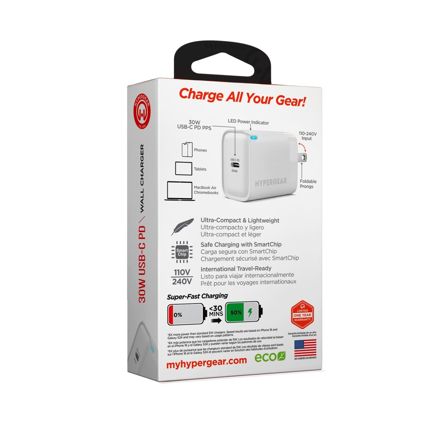 Hypergear 30W USB-C PD Wall Charger Hub w/LED - White