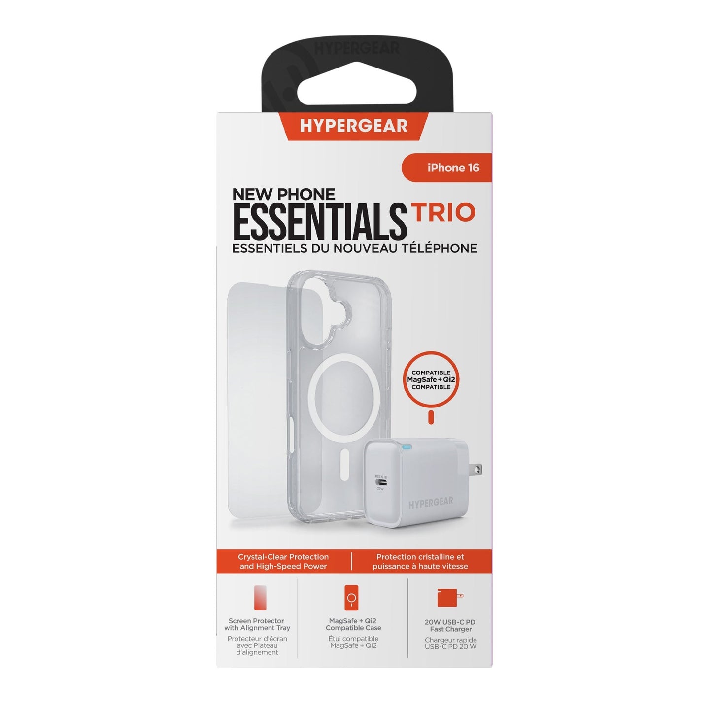 iPhone 16 HyperGear Accessory Bundle - 20W Hub, Glass, Case w/ Magsafe