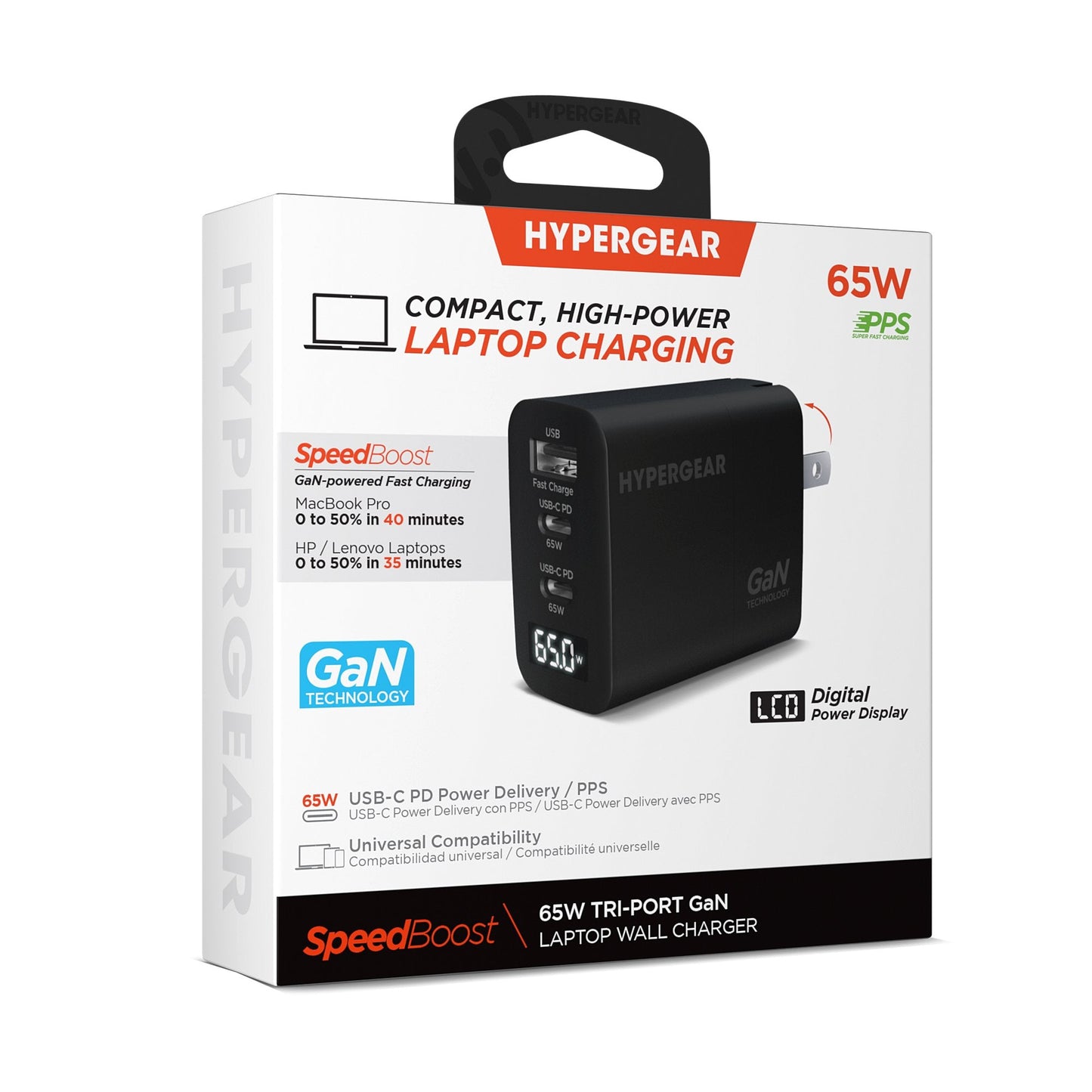 HyperGear 65W Multi Port Dual USB-C + Single USB-A Wall Charger Travel Hub w/ LCD Screen - Black