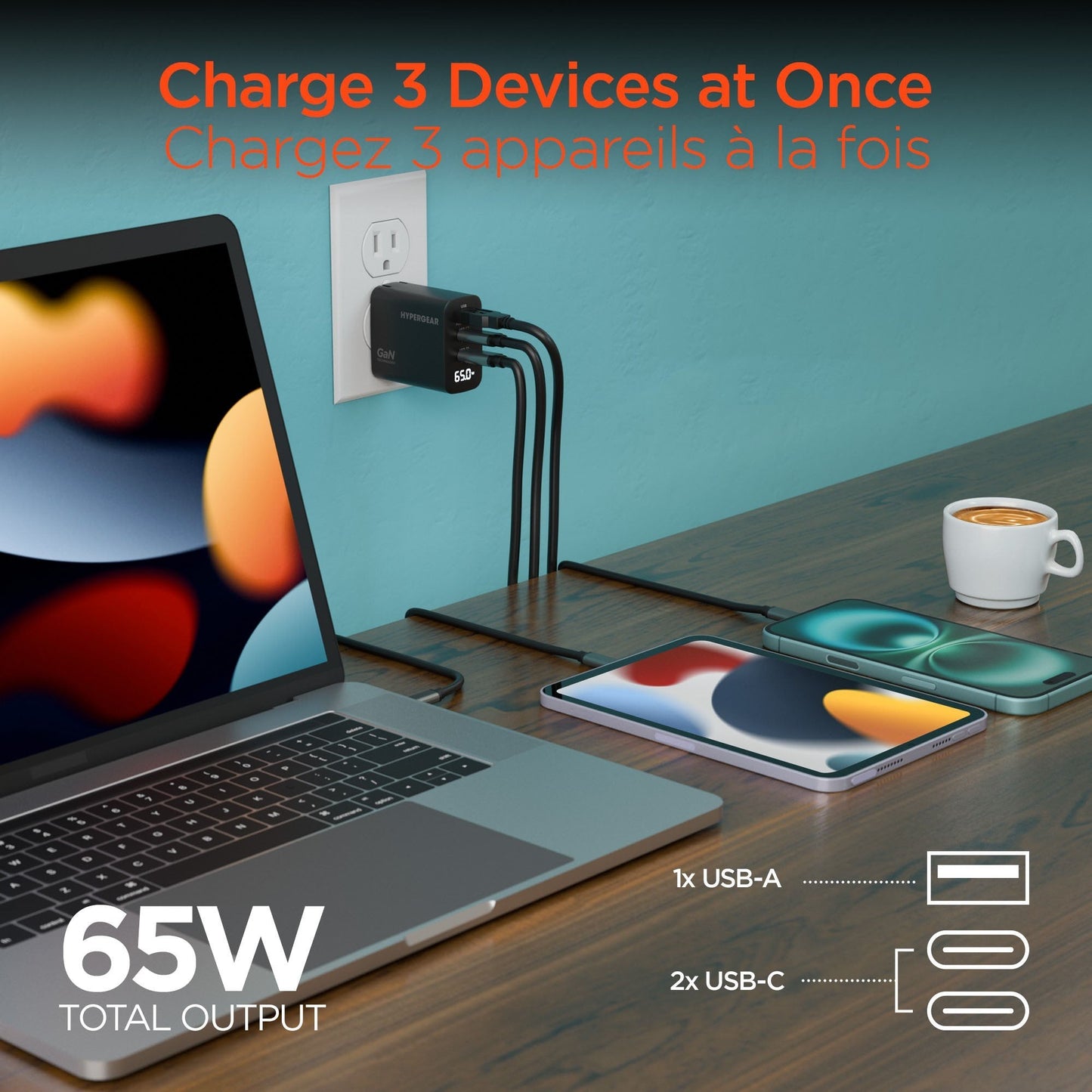 HyperGear 65W Multi Port Dual USB-C + Single USB-A Wall Charger Travel Hub w/ LCD Screen - Black