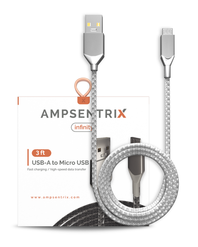 3 ft Micro USB To USB Type A Cable (AmpSentrix) (Infinity) (Silver)