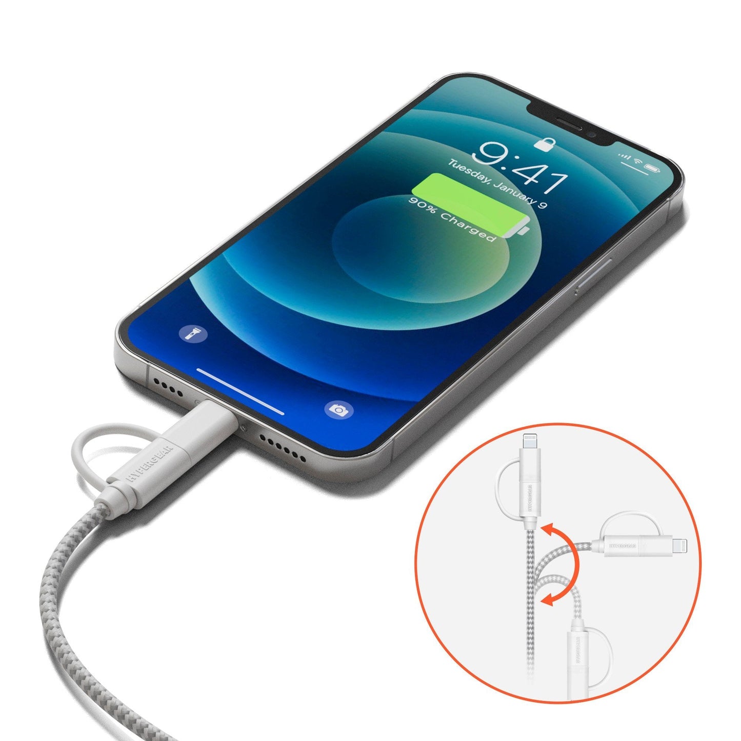 HyperGear 1 ft. 30cm 2-in-1 USB-C to USB-C + USB-C to Lightning Braided Charge and Sync Cable