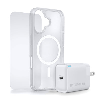 iPhone 16 HyperGear Accessory Bundle - 20W Hub, Glass, Case w/ Magsafe