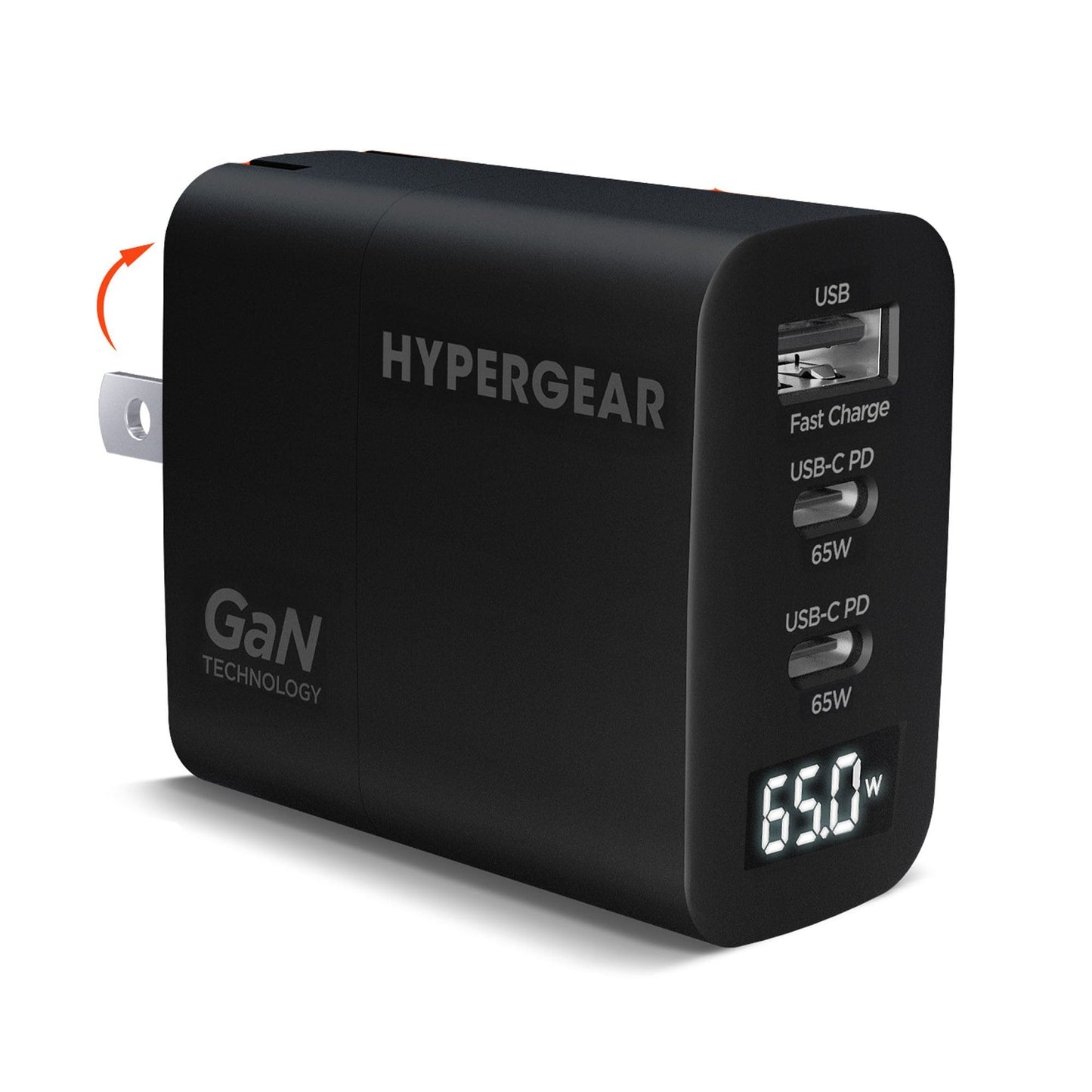 HyperGear 65W Multi Port Dual USB-C + Single USB-A Wall Charger Travel Hub w/ LCD Screen - Black