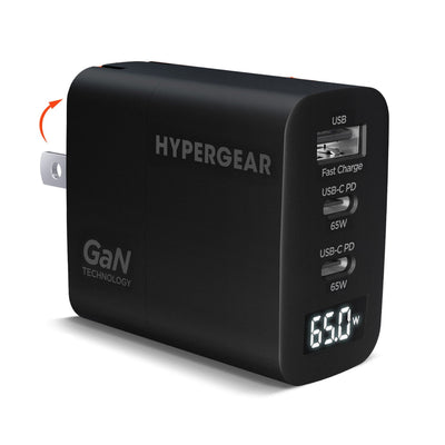 HyperGear 65W Multi Port Dual USB-C + Single USB-A Wall Charger Travel Hub w/ LCD Screen - Black