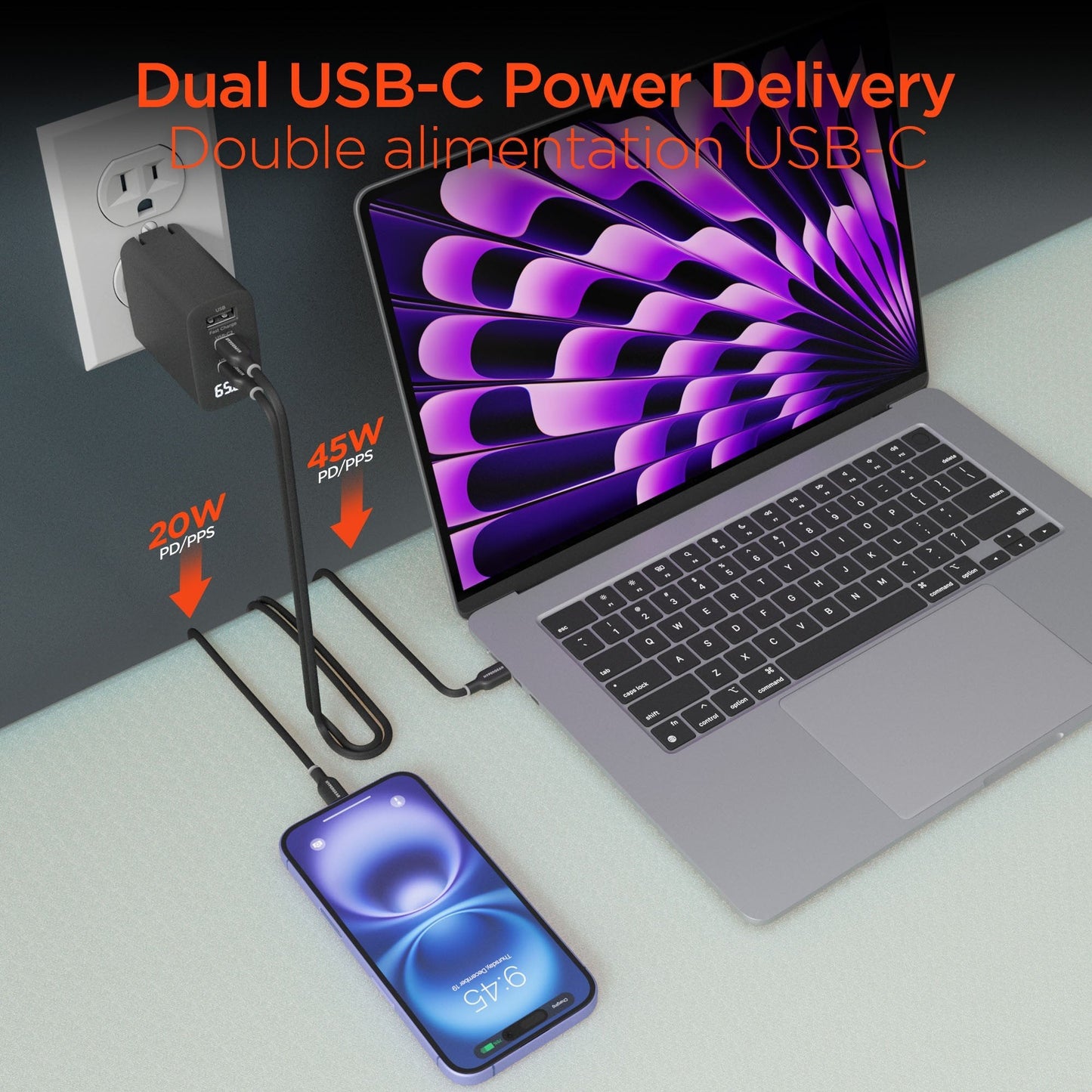 HyperGear 65W Multi Port Dual USB-C + Single USB-A Wall Charger Travel Hub w/ LCD Screen - Black