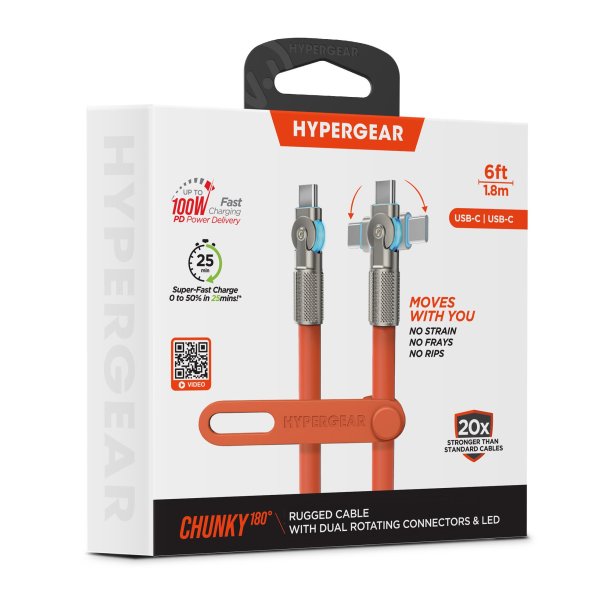 HyperGear 6 ft. 180cm USB-C to USB-C Chunky 180 Rugged Cable w/Rotating Connectors - Orange